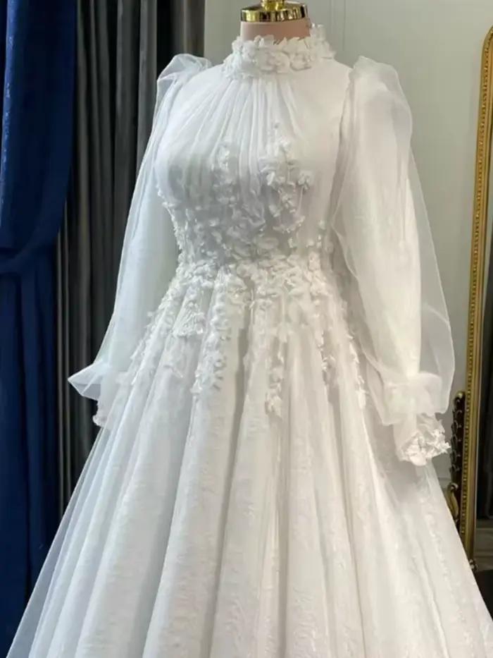 Personnalisé élégant arabe musulman 3D Floral col haut Appliques dentelle à manches longues église islamique classique