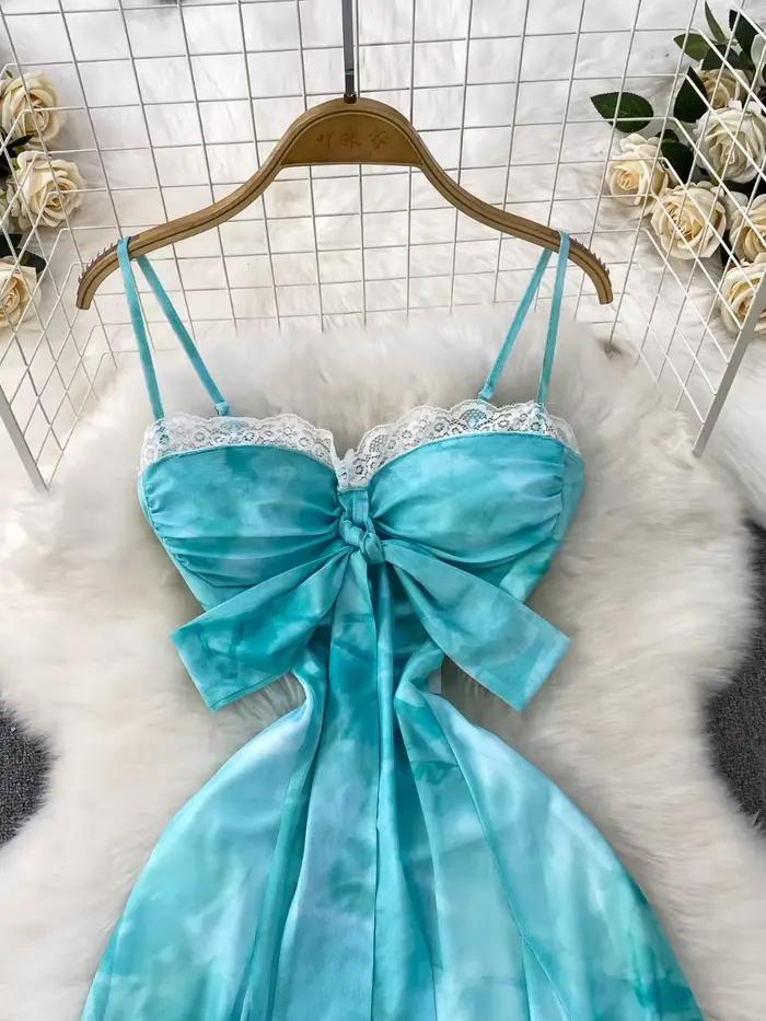 Foamlina lac bleu plage vacances robe femmes été magnifique Sexy dentelle licou cravate taille fée Maxi longues robes