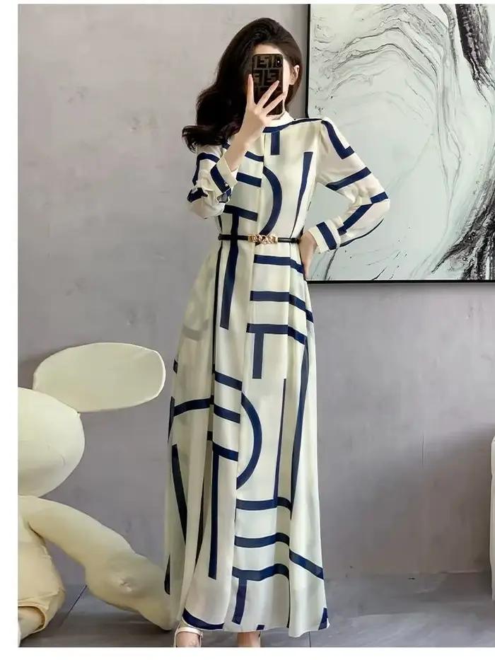 Robes géométriques françaises en mousseline de soie pour femmes