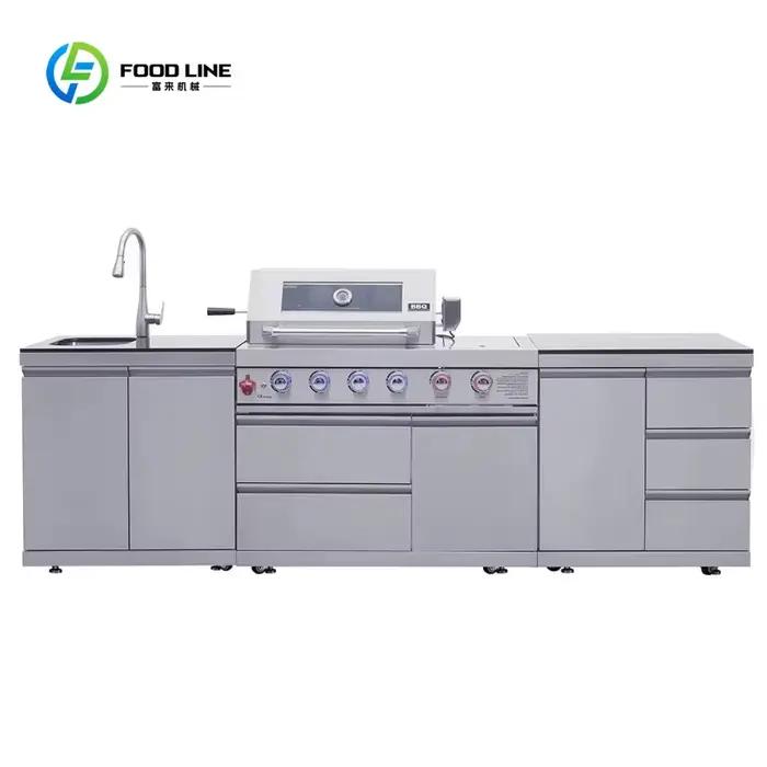 Cuisine extérieure personnalisée avec plan de travail en granit, barbecue à gaz, armoire de rangement, structure robuste en acier inoxydable, entièrement étanche