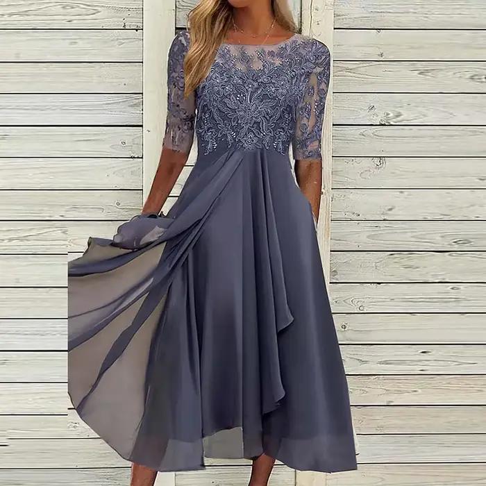 Robe de soirée en dentelle à col rond pour femmes