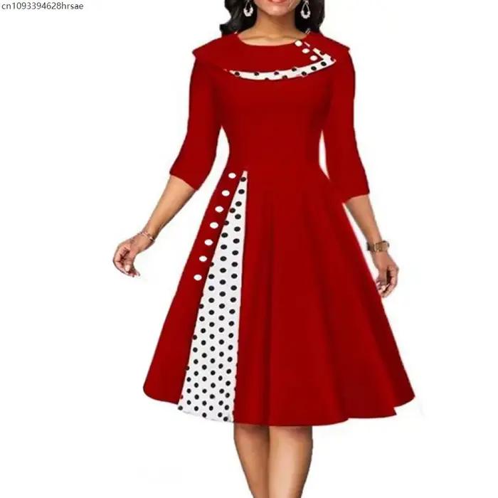 Robe Vintage pour femmes Rockabilly Dot imprimé années 50 60 Patchwork manches longues taille haute balançoire