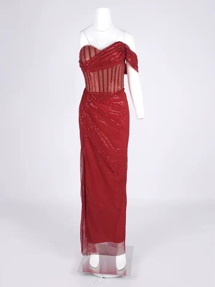 Robes de soirée à paillettes scintillantes rouges pour femmes – Robe longue à une épaule avec fente haute