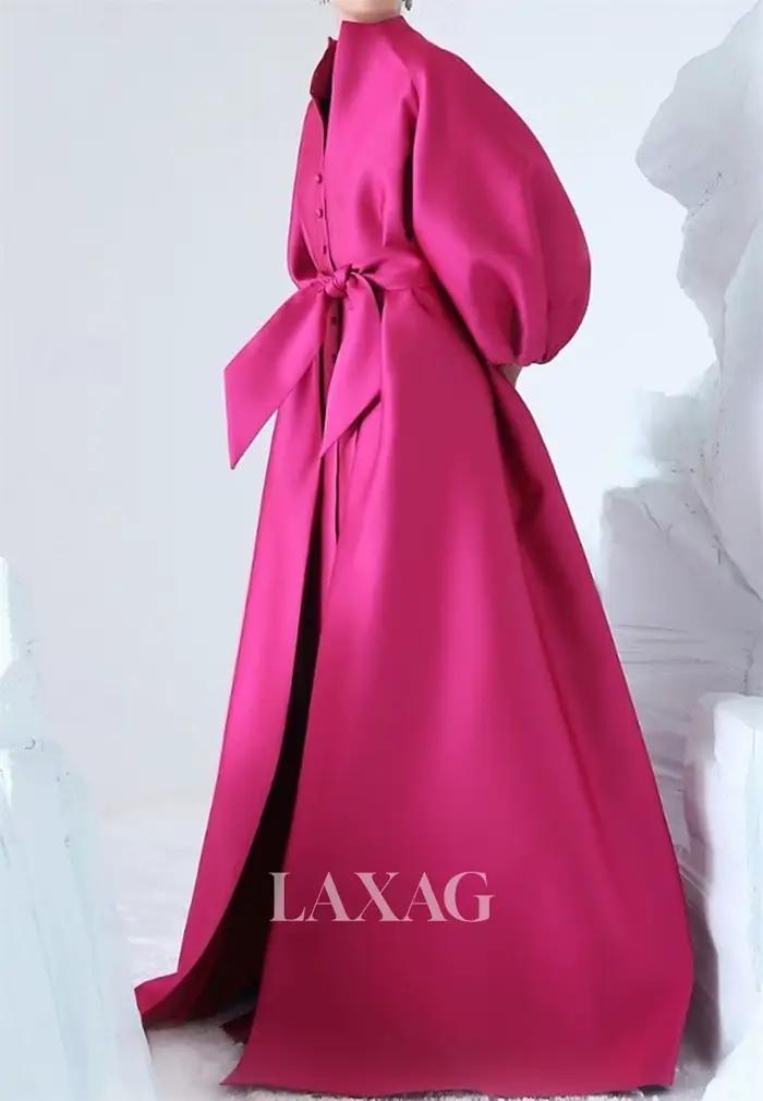 Robe de Soirée Contessa sur Mesure à Manches Ballon Coupe A-Line avec Nœud Élégant à la Taille