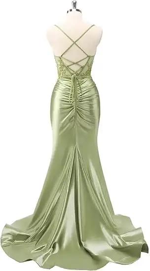 Robes de bal sirène vert sauge de luxe en dentelle à fines bretelles avec fente latérale haute
