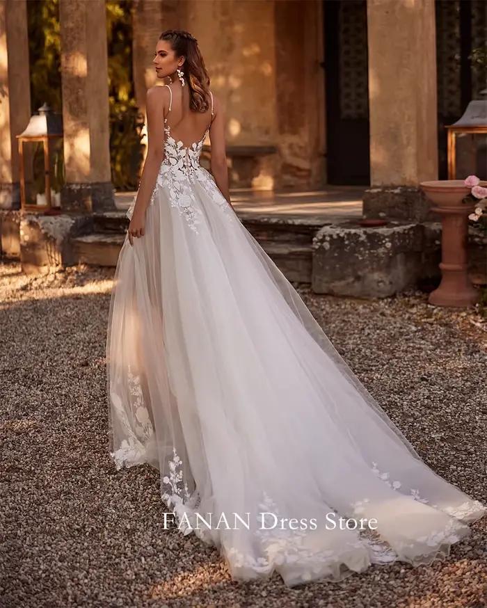 Fanan-Robe de Mariée à Bretelles Spaghetti en Tulle