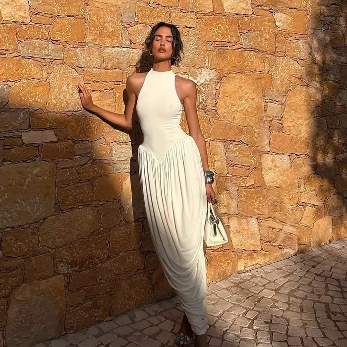 Robe longue plissée sans manches pour femme design cocon élégante confortable occasion spéciale été bywindto