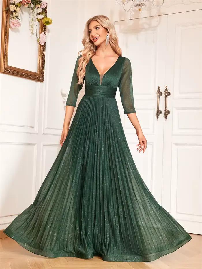 Lucyinlove luxe à manches longues robes de soirée formelles élégant col en v longueur au sol femmes en mousseline de