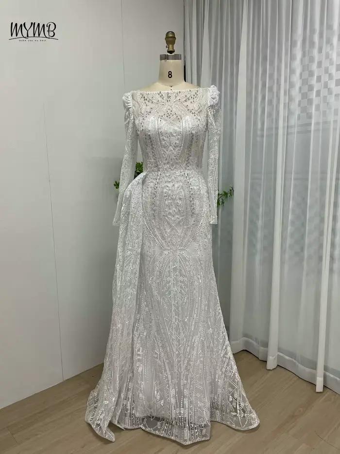 Robe de soirée MYMB en polyester sirène perlée avec train latérale pour femmes mariages et cérémonies spéciales