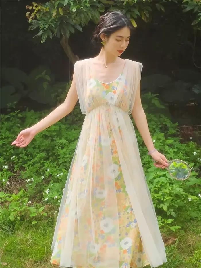 Robe féerique d'été Vintage Mori Girl en Polyester et Maille pour Femmes Occasions Spéciales