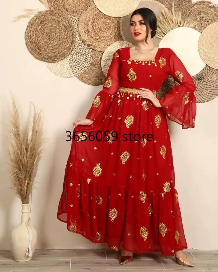 Abaya Jalabiya-Robe rouge brodée à manches évasées