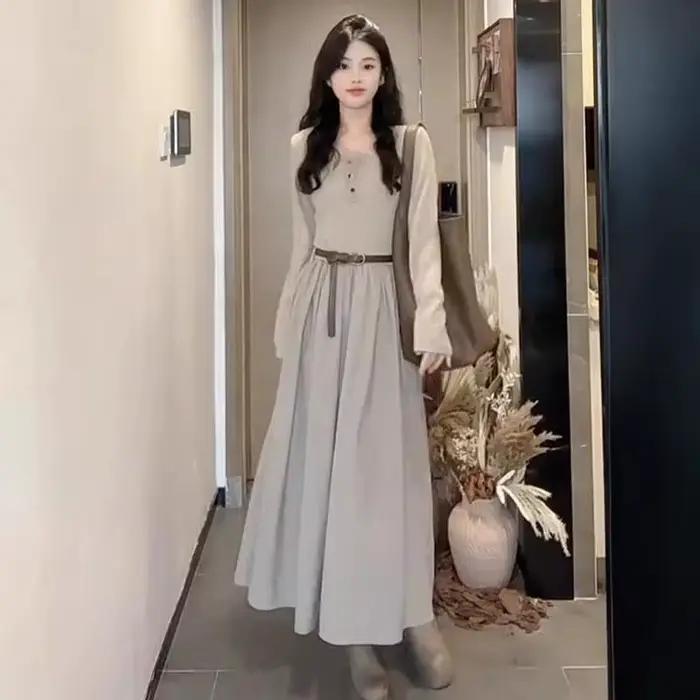 Robe longue maxi à manches longues en kaki clair pour femmes