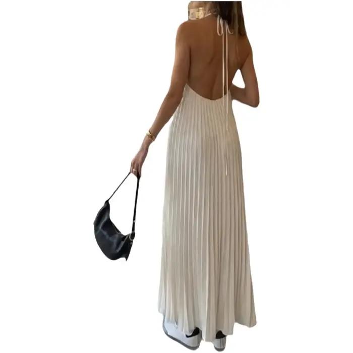 Robe longue d'été sexy dos nu style vacances à la plage en mousseline de soie couleur unie avec jupe drapée et col halter sans manches