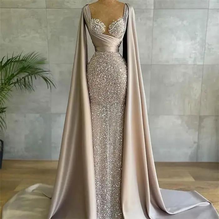 Robe de Soirée Arabe en Dentelle Froncée à Paillettes pour Femme