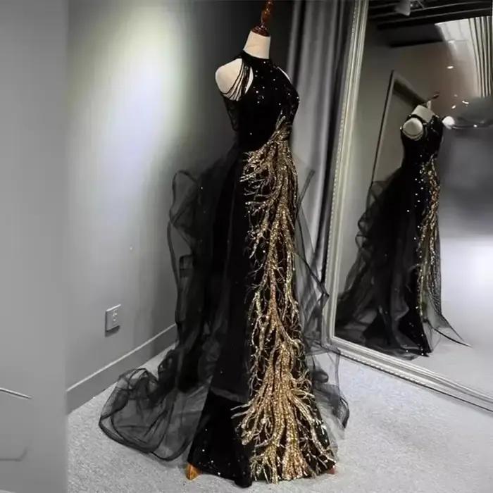 Femmes robes de soirée noir sens avancé mince tempérament célébrité hôte cou queue de poisson jupe mariage Toast robe pour femme