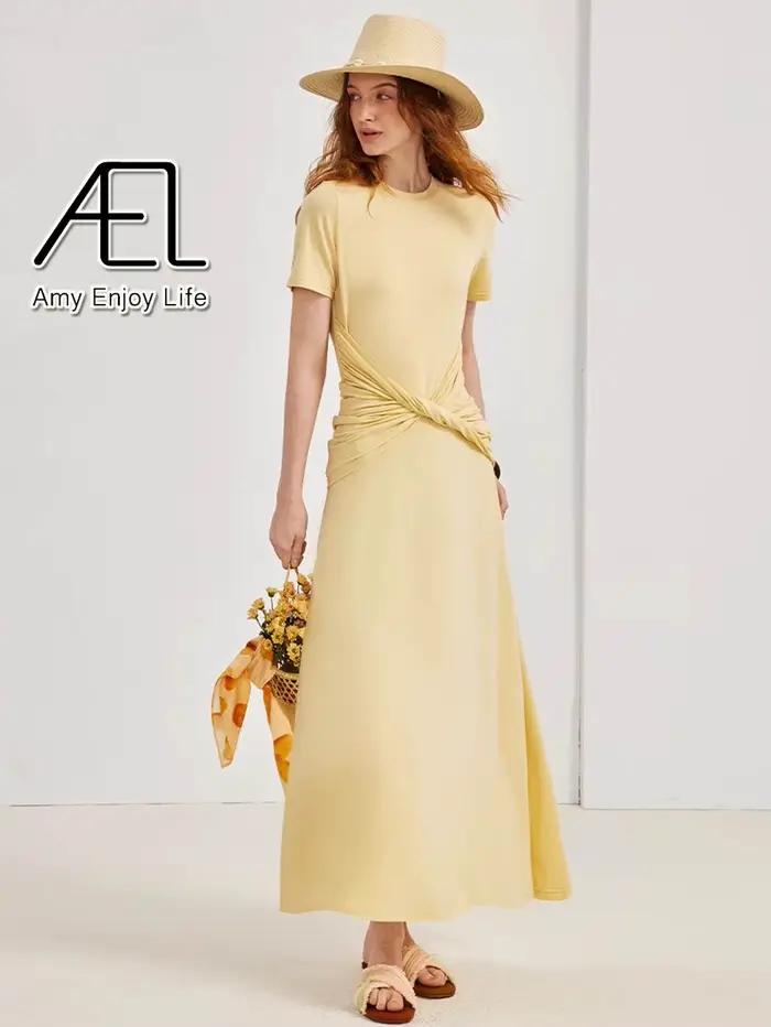 AEL tricoté robe longue femmes col rond couleur unie à manches courtes Robes de soirée printemps automne mince moulante