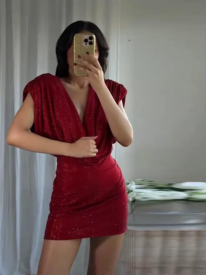 Robe courte à paillettes sans manches pour femmes