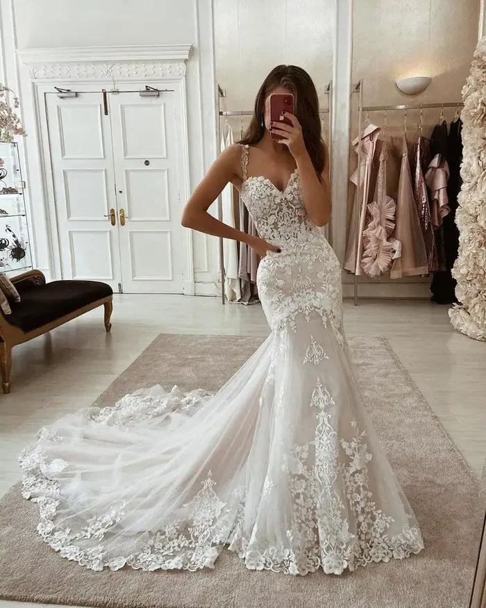 LORIE ivoire sirène robes de mariée dentelle Appliques Tulle