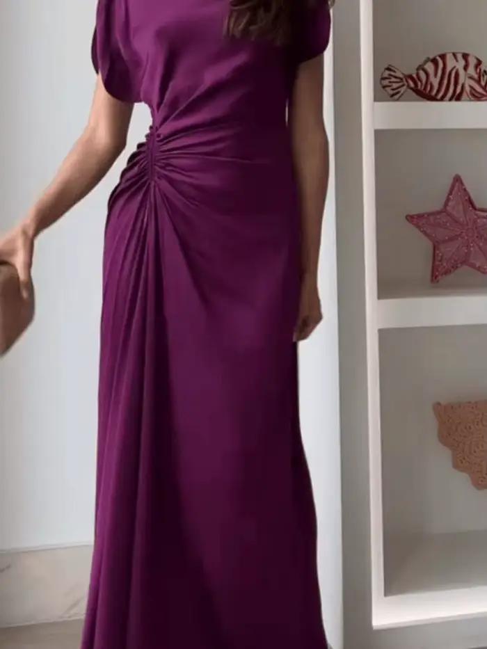Robe ELSVIOS élégante et décontractée pour femmes, col rond, coupe cintrée, polyester uni, longue, occasions spéciales printemps été