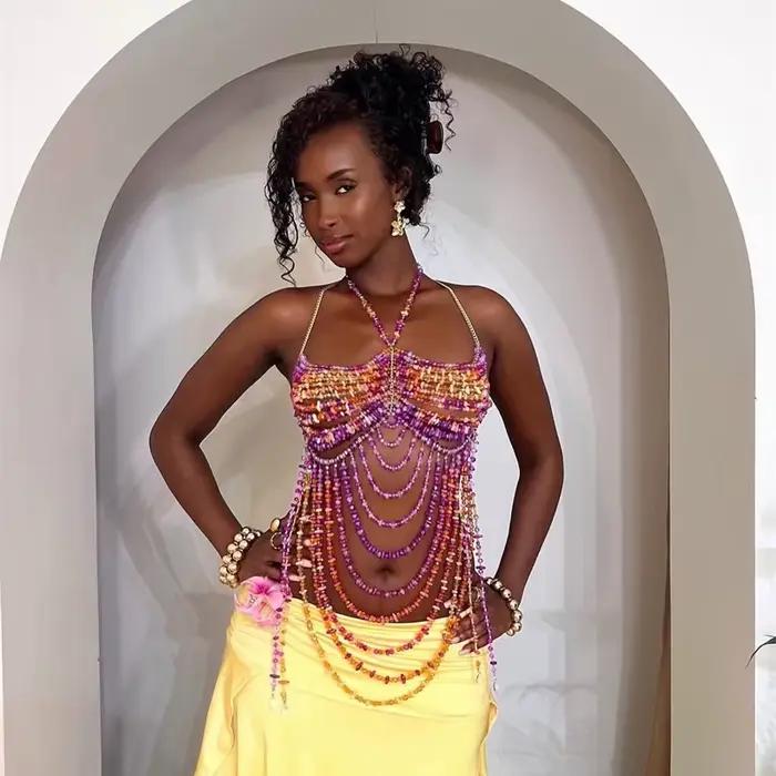 Robe de vacances 2025 nouvelles femmes Sexy à la main Multi perle chaîne de corps mode Bikini soutien-gorge licou romantique haut court maillots de bain bijoux