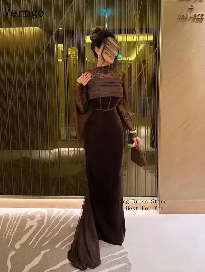 Verngo robe de soirée en velours marron col haut manches en dentelle