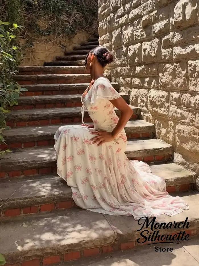 Robe longue plissée à manches volantées imprimé floral chic pour femme style urbain et occasions spéciales