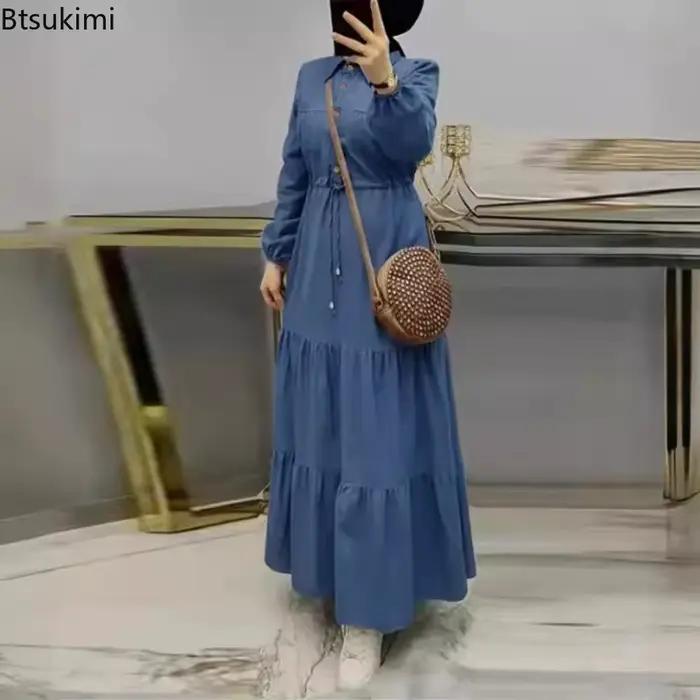 Robes Maxi musulmanes arabe Islam vêtements simple boutonnage revers à lacets femmes Robe longue élégante dubaï turquie