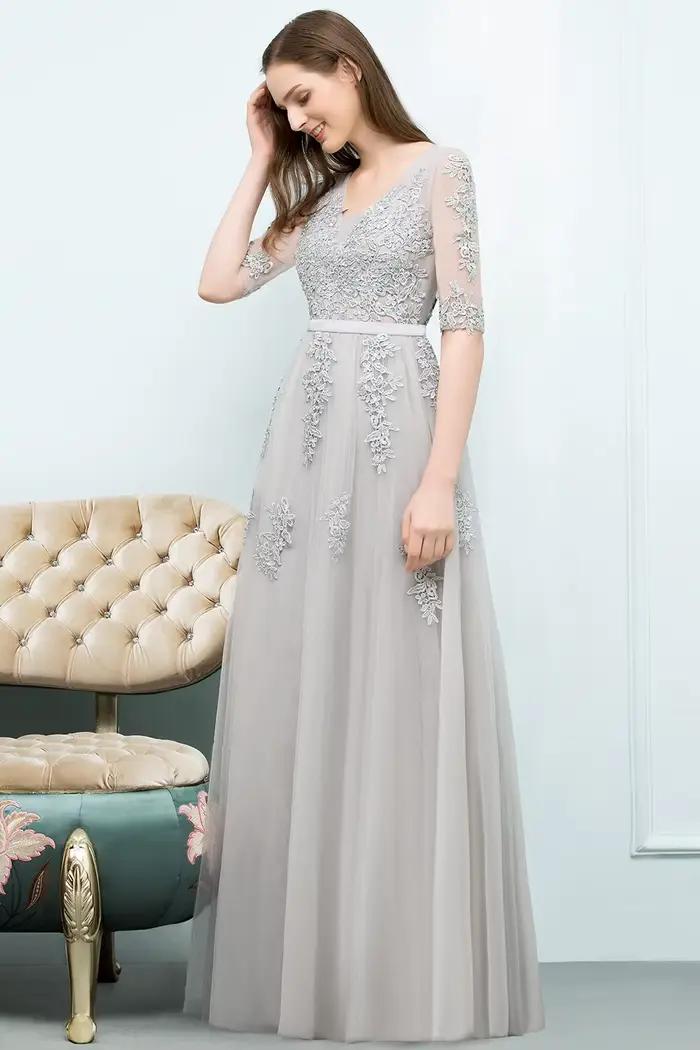 Robe de soirée élégante à manches mi-longues, appliques en dentelle, col en V, dos nu, silhouette Empire pour occasions spéciales et soirées officielles