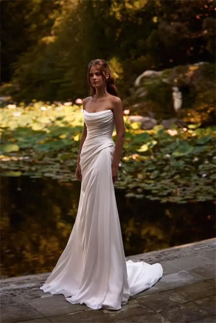 Robe de mariée sirène en mousseline de soie plissée classique avec décolleté mon amour et train de balayage pour femmes enceintes occassions spéciales