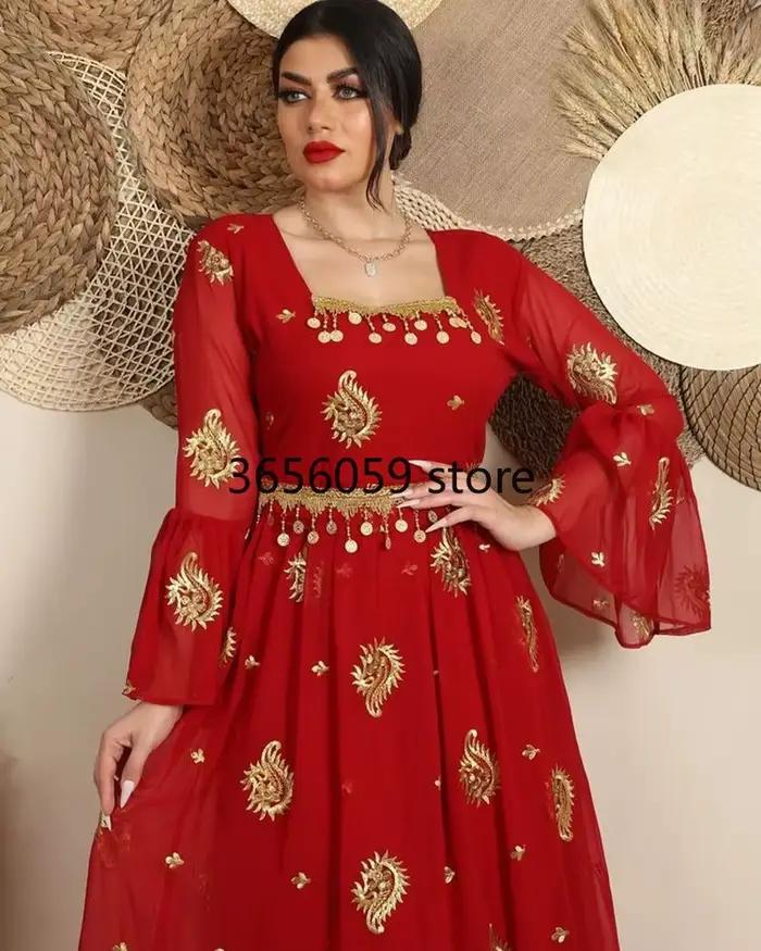 Abaya Jalabiya-Robe rouge brodée à manches évasées