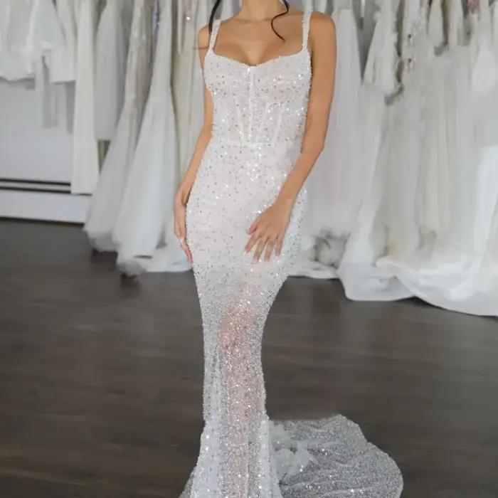 Robe de Mariée Sirène Légère et Brillante avec Dos auxpour Patients