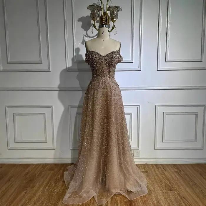 Caramel luxe concepteur hors de l'épaule une ligne robe de soirée arabe pour occasion formelle Serene Hill 2025 LA72147B personnalisé