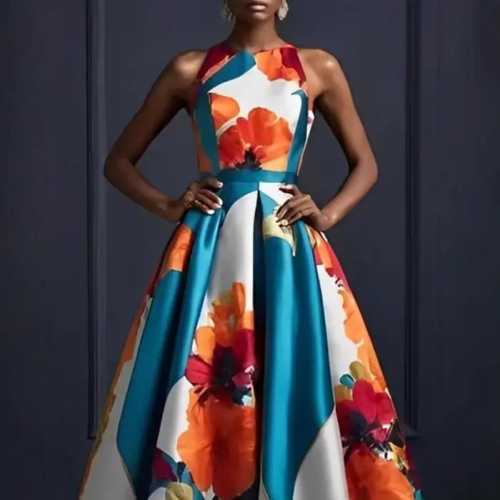 Robe débardeur imprimée florale pour femmes, col rond, plissée, ligne A, taille haute, élégante, style Boho, sans manches, robe longue d'été pour occasions spéciales