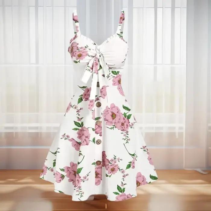 Robe de vacances en polyester imprimée floral avec arc et volants pour femmes, mini robe sans manches pour sorties estivales et occasions spéciales