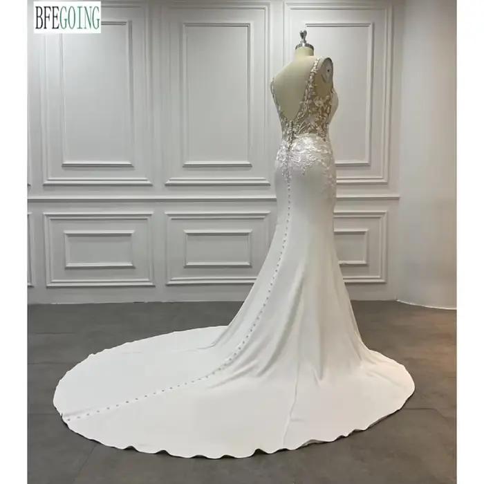 Robes de mariée sirène/trompette en mousseline de soie et crêpe en dentelle