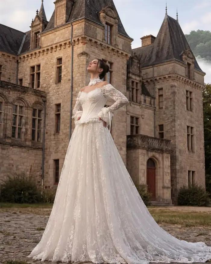 Robe de mariée vintage à épaules dénudées en dentelle