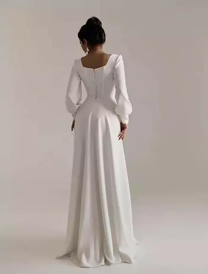 Robe de Mariée Arabe Élégante en Satin à Manches sulfet Col Carré