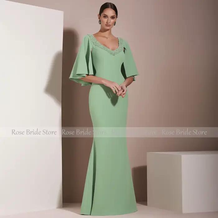 Robe sirène perlée col en V menthe pour mère de la mariée invité mariage soirée formelle occassionnels