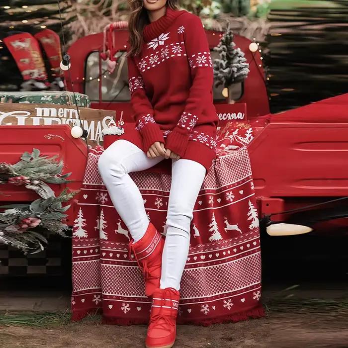 Robe pull imprimée flocons de neige pour femmes, élégante et ample, pour soirées de Noël et réceptions automne hiver
