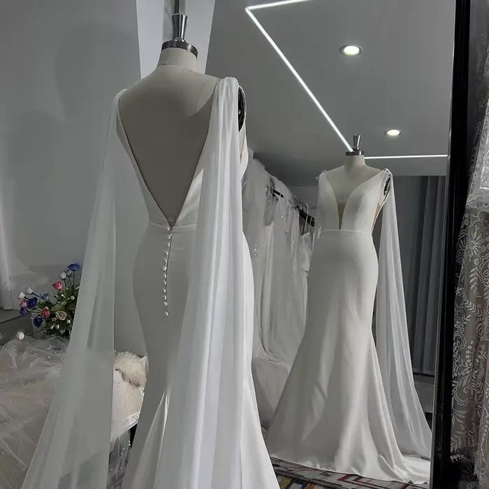 Mryarce Simple élégant Sexy plongeant crêpe robes de mariée avec des ailes en mousseline détachables