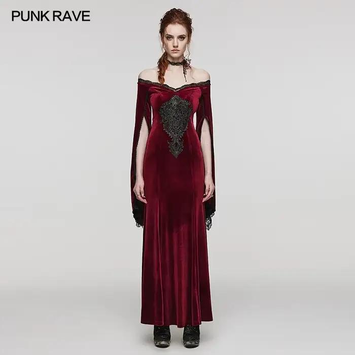 Robe gothique longue en velours polyester avec patchwork et dentelle pour femmes - Occasions spéciales et événements gothiques