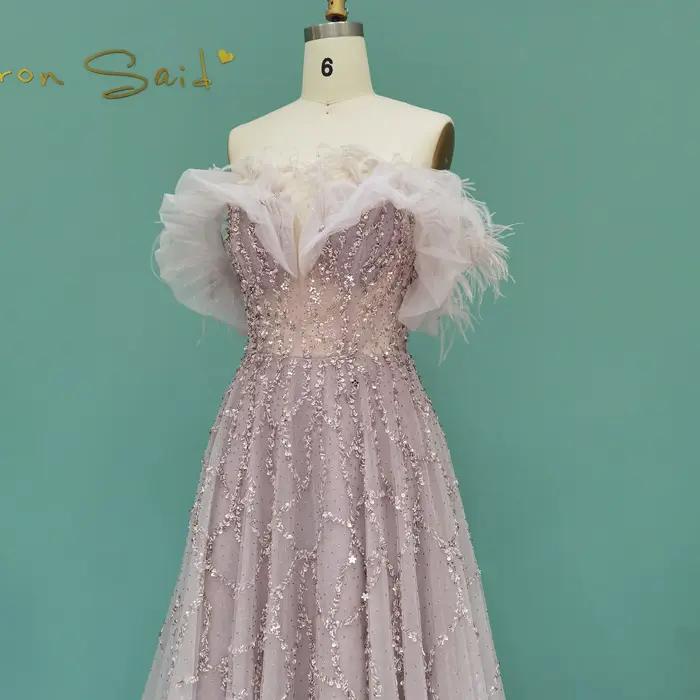 Robe de soirée Sharon Said en polyester avec perles, cristal et plumes pour femmes, idéale pour mariage et soirées officielles