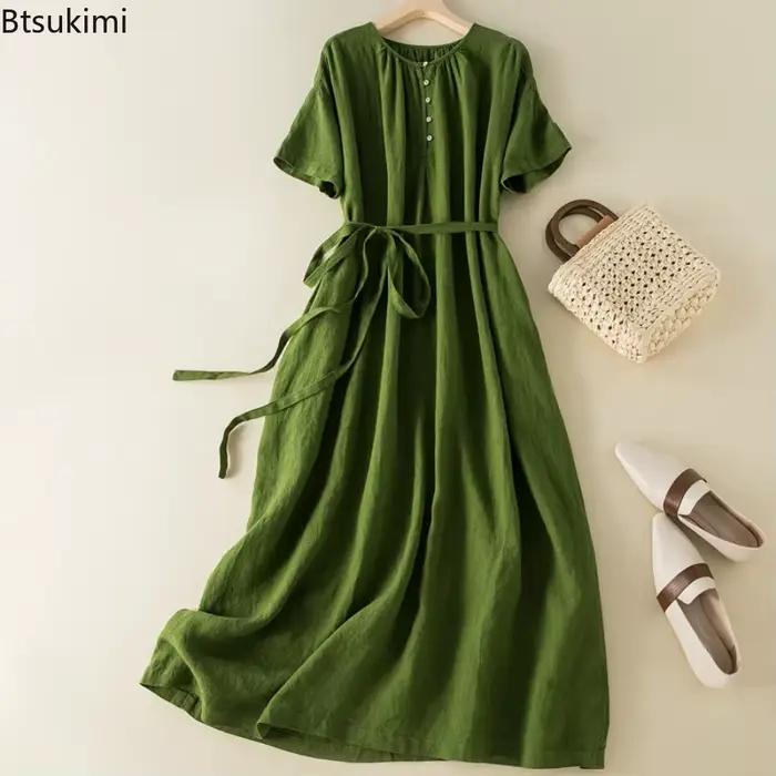Robe en coton et lin décontractée vintage maxi à lacets pour femmes d'été ocasions spéciales et quotidiennes