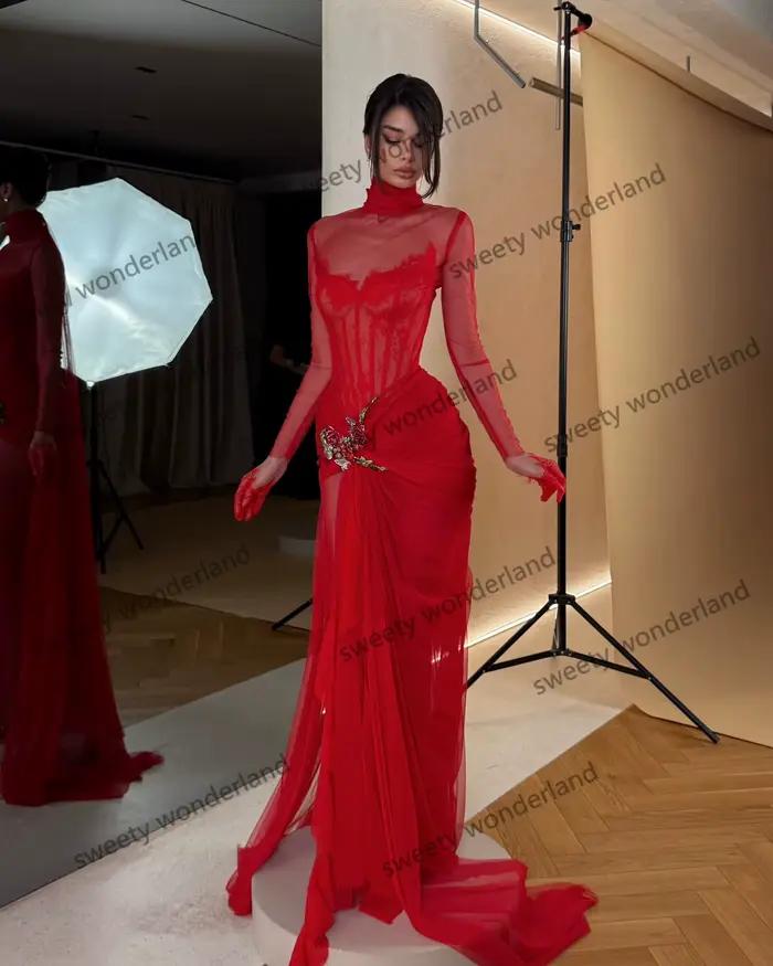 Robes de soirée rouges femme manches longues vestidos de noche arabe col haut robe de bal broderie