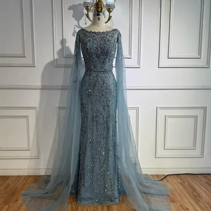 Arabie saoudite bleu perlé sirène robe de soirée élégante Cape manches bateau cou