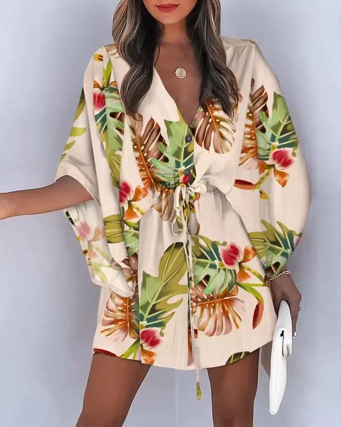 Robe Boho Florale Polyester Femme Été Occasions Spéciales Manches Chauve-Souris Col En V Volants