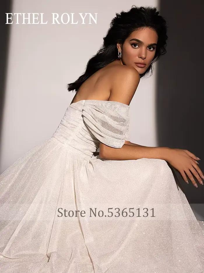 ETHEL ROLYN robes De mariée trapèze pour femmes brillant hors De l'épaule col bateau brosse Train robe