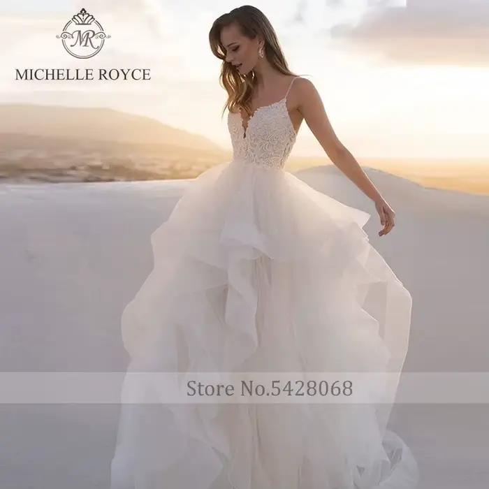 Michelle Royce a-ling robes De mariée Sexy col en v profond à plusieurs niveaux croisé dos nu chapelle Train
