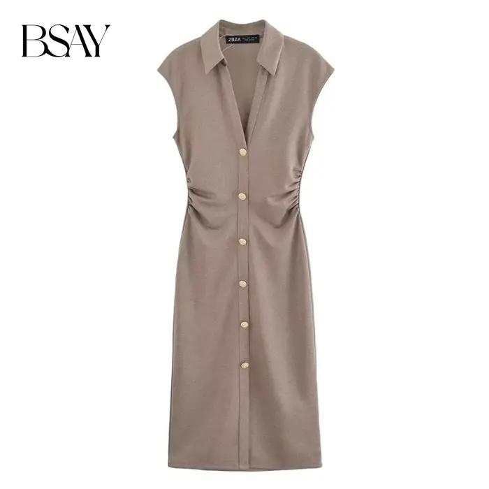 BSAY robe pour femmes mode été nouveau pli sans manches col en v simple boutonnage robes mi-longues français Chic femme vêtements de soirée