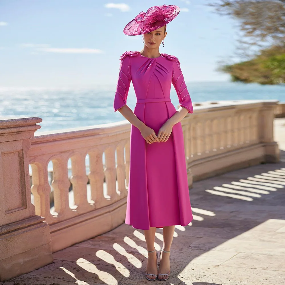 Robes d'invitées de mariage pour femmes élégantes col rond une ligne longueur de thé robe mère de la mariée mi-longue